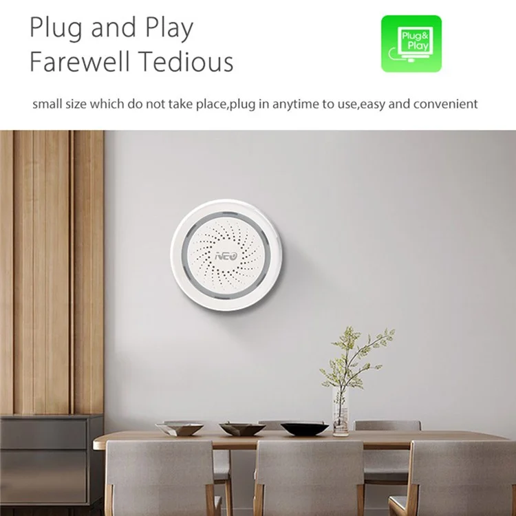 NEO NAS-AB02W Alarme sans fil intelligente 2,4 GHz WiFi Mini sirène Alarme Prise en charge du contrôle du téléphone portable pour la maison (alimentée par USB) 