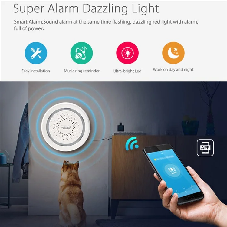 NEO NAS-AB02W Alarme sans fil intelligente 2,4 GHz WiFi Mini sirène Alarme Prise en charge du contrôle du téléphone portable pour la maison (alimentée par USB) 