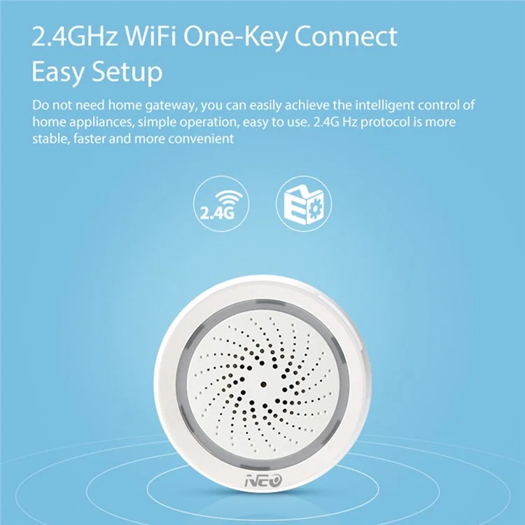 NEO NAS-AB02WT 2.4GHz WiFi Wireless Alarm Mini Smart Siren Alarm Com Temperatura e Sensor de Umidade Para Casa (alimentado Por Usb)