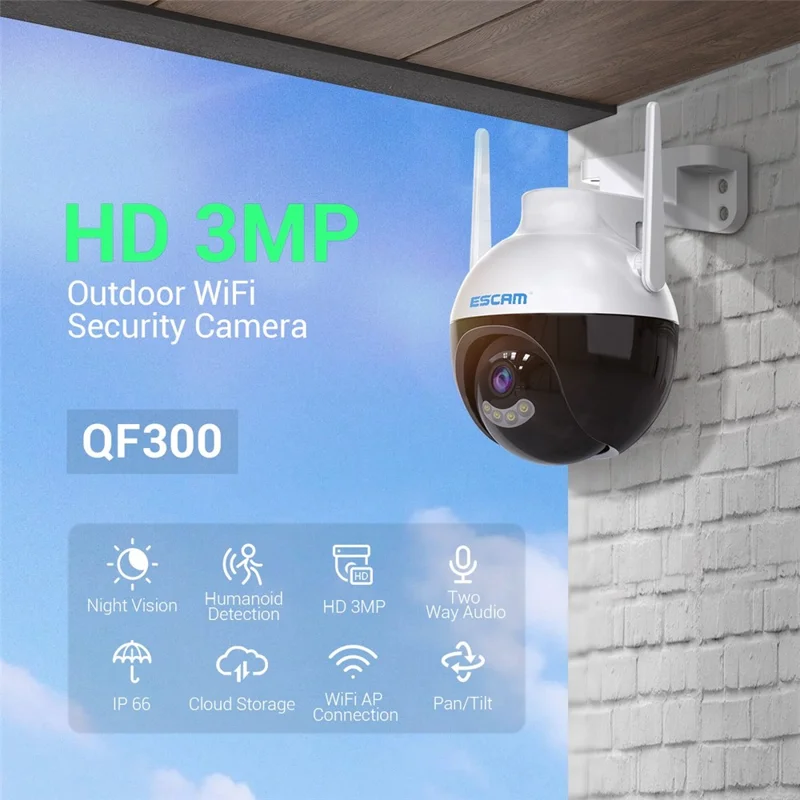 ESCAM QF300 3MP WiFi IP Camera App Mobile AI Human Detection Webcam Auto Tracking Cloud Storage Waterproof Monitor Camera Support Two-way Voice, Night Vision - AU Plug