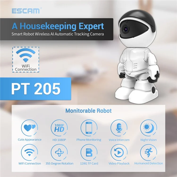 ESCAM PT205 1080P Robot Camera with Day / Night Vision Wireless WiFi IP Camera Support Auto Tracking, Two-way Audio for Home Security - Red / AU Plug