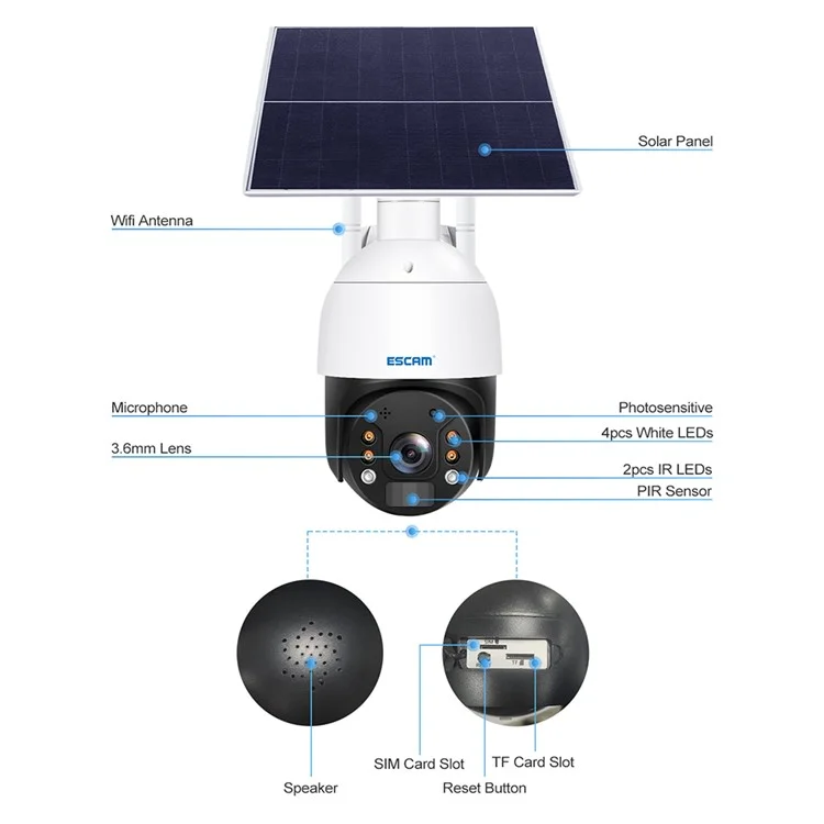 ESCAM QF724 Solar Power 3.0MP Cámara de Audio de Dos Vías PIR Visión Nocturna Vigilancia PT Camera - Enchufe de la ue