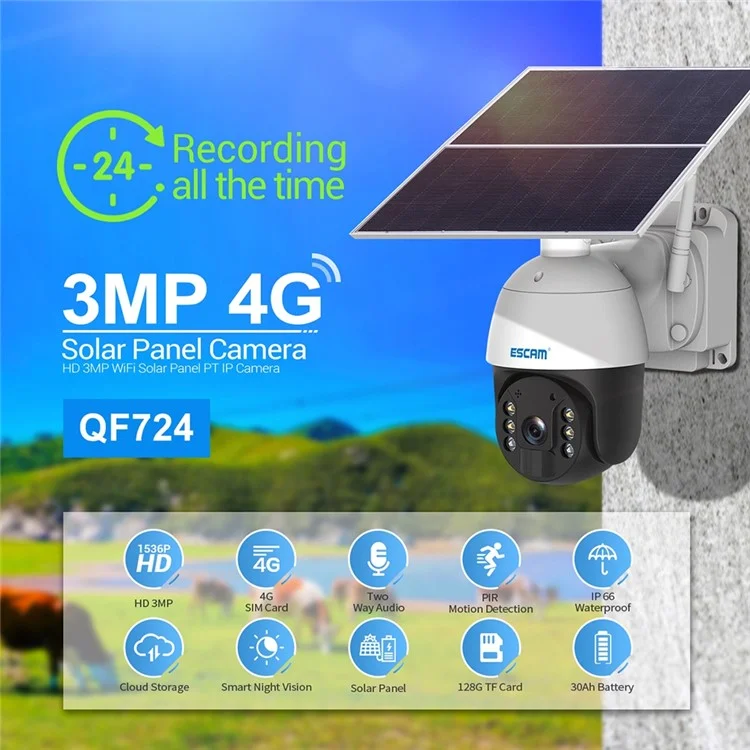 ESCAM QF724 Solar Power 3.0MP Camera Two-way Audio Talk PIR Night Vision Surveillance PT Camera - EU Plug