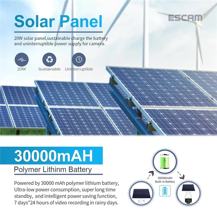 ESCAM QF724 Solar Power 3.0MP Cámara de Audio de Dos Vías PIR Visión Nocturna Vigilancia PT Camera - Enchufe de la ue