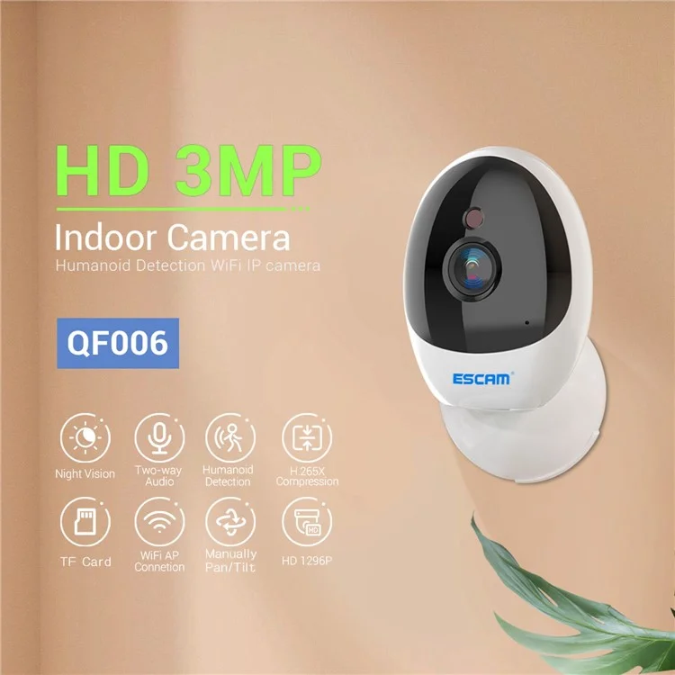 ESCAM QF006 Security Camera 3MP HD Indoor Home 2.4Ghz WiFi Pet Baby Monitor Two-Way Audio Motion Detection - EU Plug