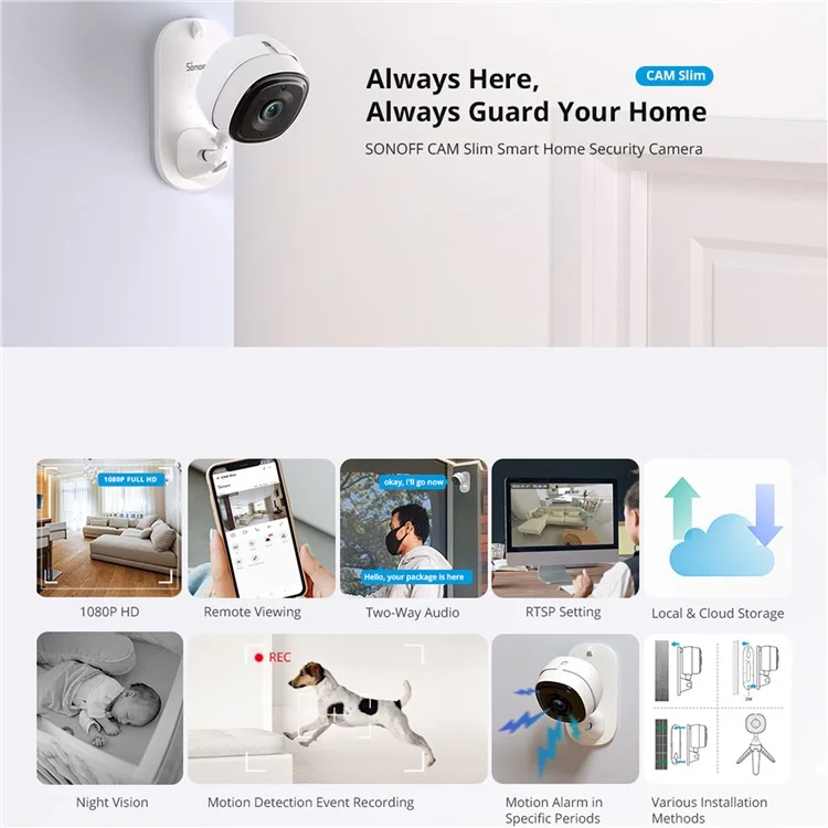 SONOFF CAM Slim Smart Home Sicherheitskamera mit Zwei-Wege-Audio, 1080P HD-Monitor-Kamera, Unterstützung für Ultra-Klar-Nachtsicht