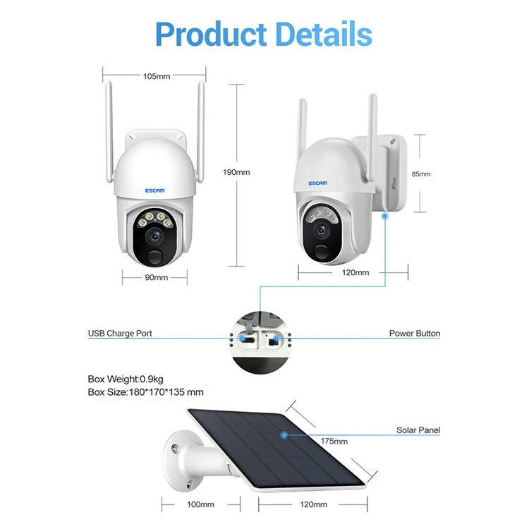 ESCAM QF103 3MP Cloud Storage PT WiFi PIR Alarm IP Kamera + Solar Panel Vollfarb-Nachtsichtkamera Sicherheitsüberwachungskamera mit Zweiwege-Audio