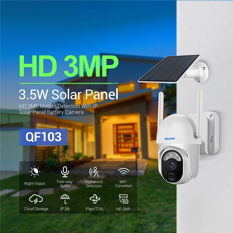 ESCAM QF103 3MP Cloud Storage PT WiFi PIR Alarm IP Kamera + Solar Panel Vollfarb-Nachtsichtkamera Sicherheitsüberwachungskamera mit Zweiwege-Audio