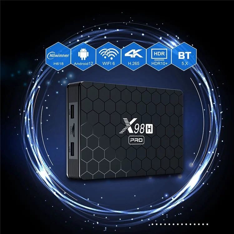 X98H Pro Android 12 Smart TV Box Allwinner H618 Quad-Core 2.4ghz 5.8ghz Soporte de Wifi de Doble Banda 6K Salida de Video Control Remoto (2G+16G) - Enchufe de Ee. Uu.