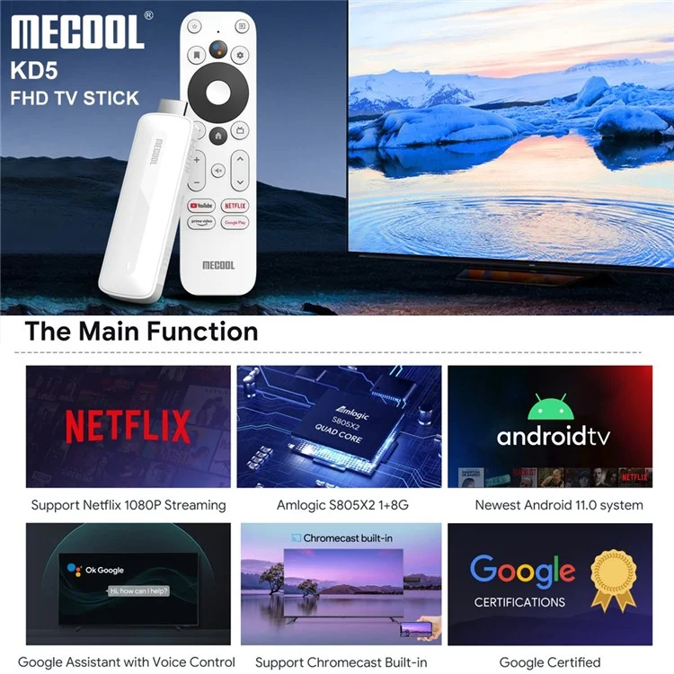 Mecool KD5 Smart TV Stick TV Box Android 11 ATV Google Certified Amlogic S805X2 1GB 8GB DDR4 2.4G+5G WiFi BT AV1 TV Dongle (1+8G) - au Plug