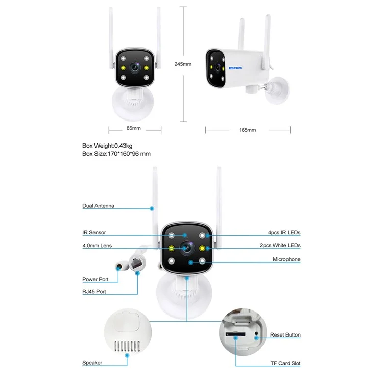 ESCAM PT301 3MP Motion Detection Camera WiFi One-Way Voice Webcam Intelligent Dual Light Source Night Vision H.265 Gimbal Control ONVIF Camera - US Plug