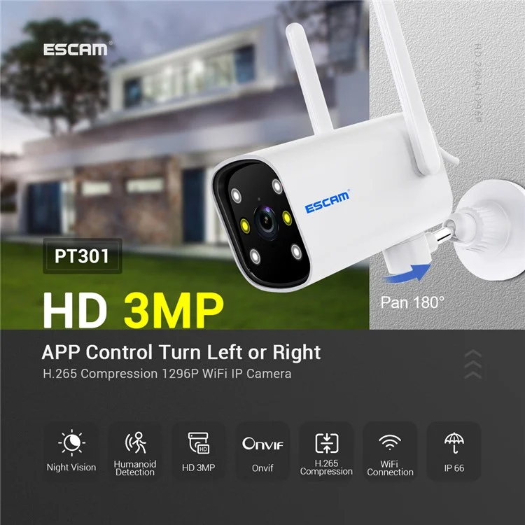 ESCAM PT301 3MP Motion Detection Camera WiFi One-Way Voice Webcam Intelligent Dual Light Source Night Vision H.265 Gimbal Control ONVIF Camera - AU Plug