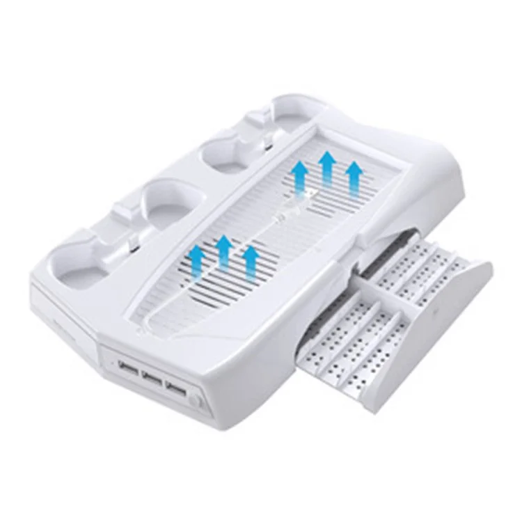 KJH-PS5-010-2 Für Sony Playstation 5 UHD / DE Spielcontroller-Ladegerät Halterung Ständer Kühlventilator Ladestation Discs Organizer mit 2 Ladeschnittstellen - Weiß