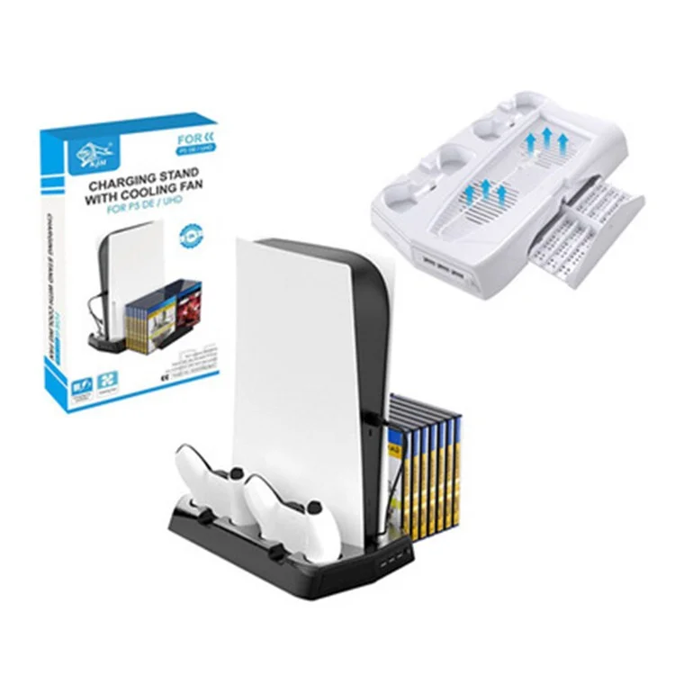 KJH-PS5-010-2 Für Sony Playstation 5 UHD / DE Spielcontroller-Ladegerät Halterung Ständer Kühlventilator Ladestation Discs Organizer mit 2 Ladeschnittstellen - Weiß