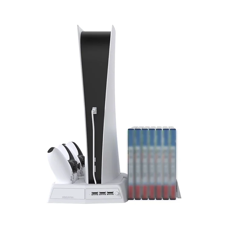 KJH-PS5-010-2 Für Sony Playstation 5 UHD / DE Spielcontroller-Ladegerät Halterung Ständer Kühlventilator Ladestation Discs Organizer mit 2 Ladeschnittstellen - Weiß
