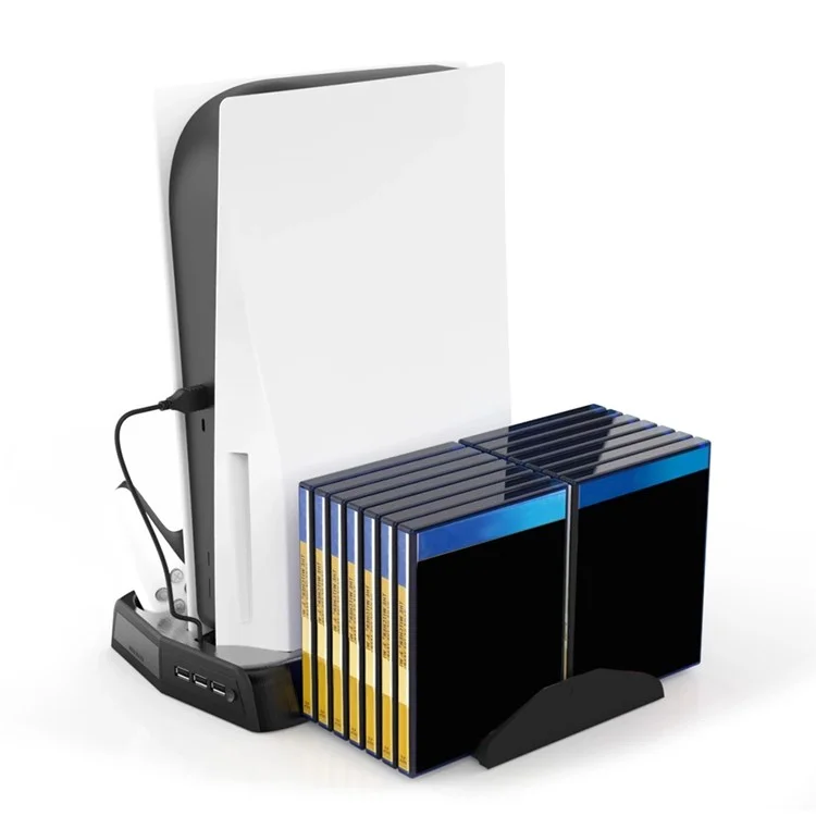 KJH-PS5-010-2 Für Sony Playstation 5 UHD / DE Spielcontroller-Ladegerät Halterung Ständer Kühlventilator Ladestation Discs Organizer mit 2 Ladeschnittstellen - Weiß