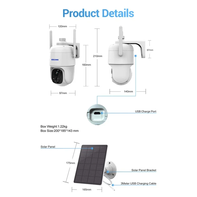 ESCAM G24 H.265 3MP Full HD AI Identify Camera with Solar Panel PIR Alarm WiFi Camera Built-In Battery