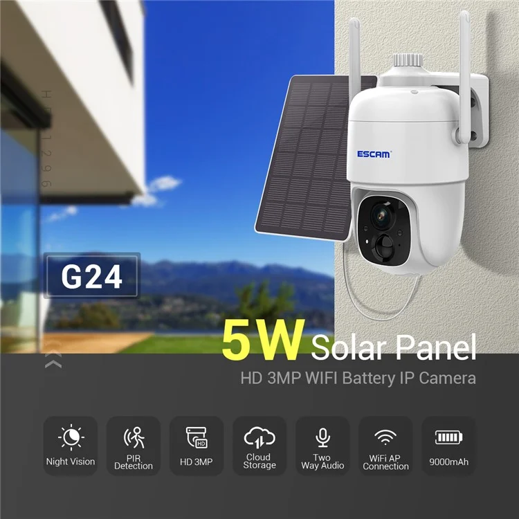 ESCAM G24 H.265 3MP Full HD AI Identify Camera with Solar Panel PIR Alarm WiFi Camera Built-In Battery