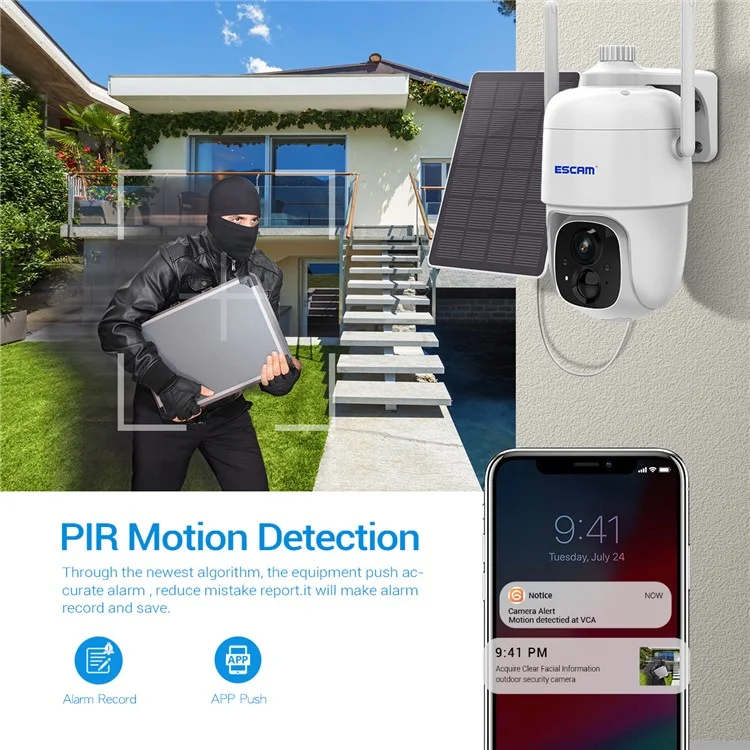 ESCAM G24 H.265 3MP Full HD AI Identify Camera with Solar Panel PIR Alarm WiFi Camera Built-In Battery