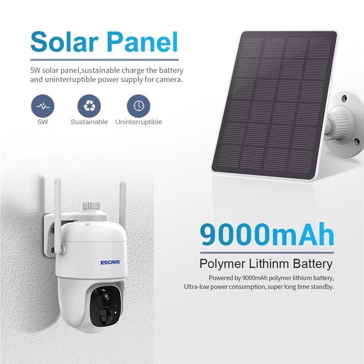 ESCAM G24 H.265 3MP Full HD AI Identify Camera with Solar Panel PIR Alarm WiFi Camera Built-In Battery