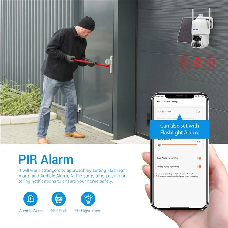 ESCAM G24 H.265 3MP Full HD AI Identify Camera with Solar Panel PIR Alarm WiFi Camera Built-In Battery