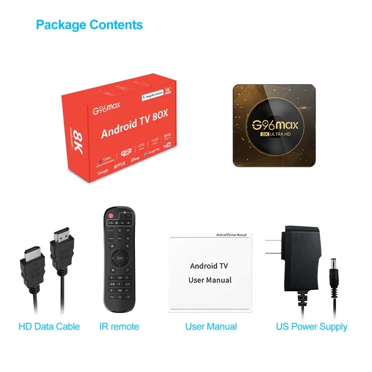 Boîtier TV Android 13.0 G96max 4+32 Go 8K Ultra HD avec WiFi 6, Bluetooth et télécommande (Certifié CE) - Prise US