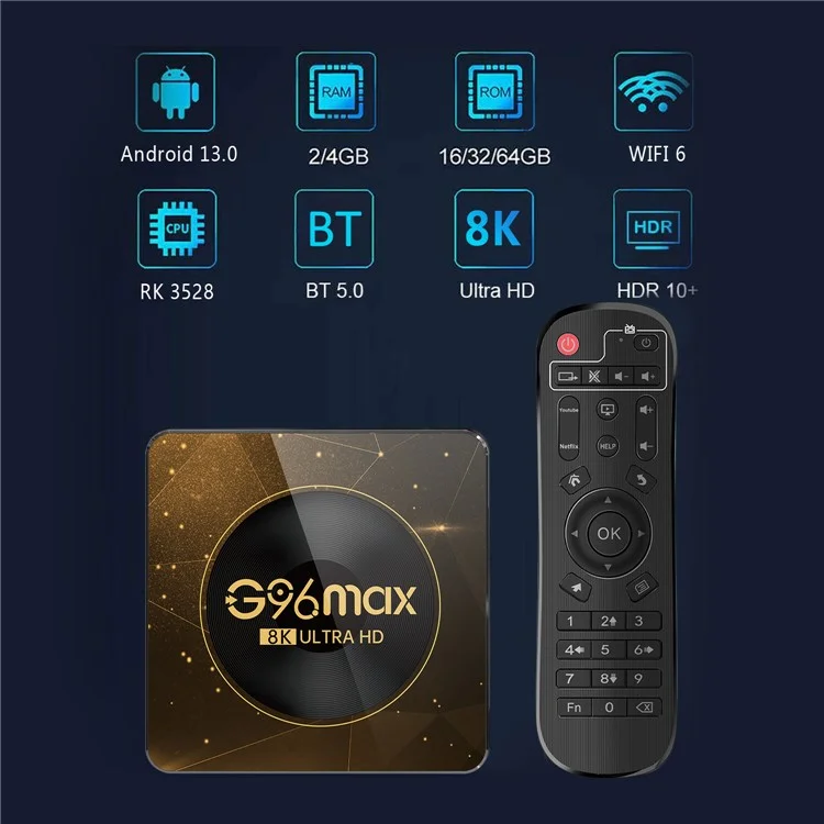 Boîtier TV Android 13.0 G96max 4+32 Go 8K Ultra HD avec WiFi 6, Bluetooth et télécommande (Certifié CE) - Prise US
