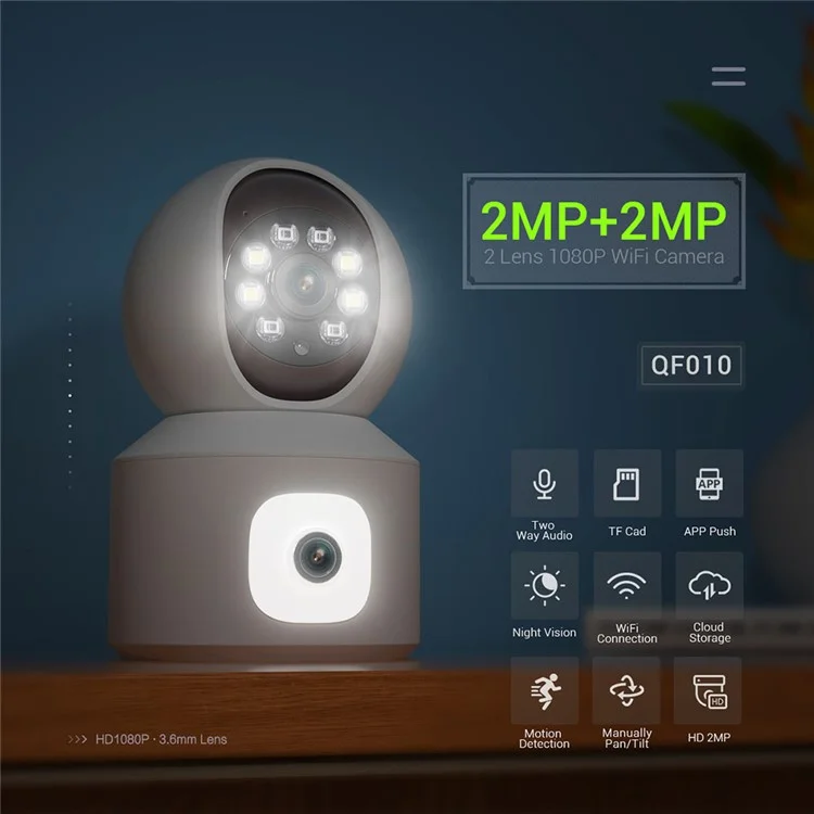 ESCAM QF010 2x2MP Câmera WiFi de Detecção de Movimento de Lente Dupla com Voz Bidirecional - Plugue dos EUA