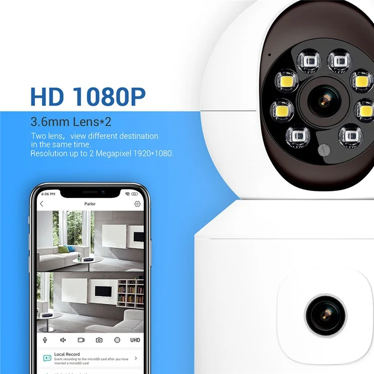 ESCAM QF010 2x2MP Câmera WiFi de Detecção de Movimento de Lente Dupla com Voz Bidirecional - Plugue dos EUA