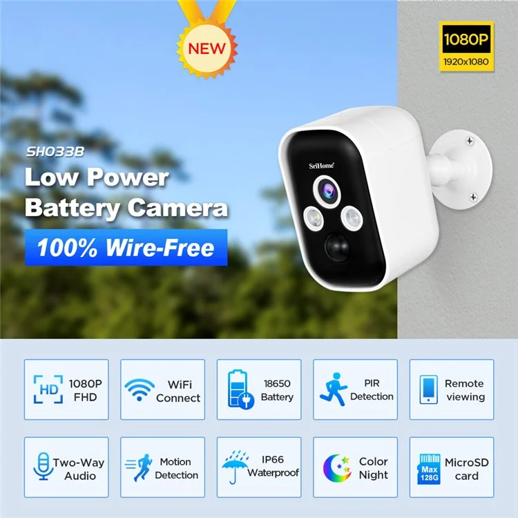 SRIHOME SH033B 1080P HD Low Power Battery Camera Dual Light Full Color Surveillance Camera with Solar Panel