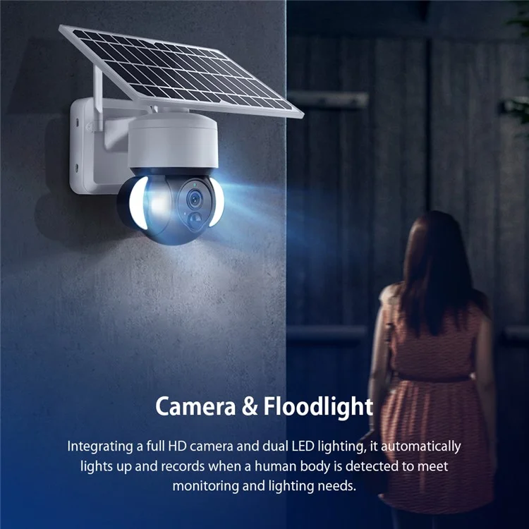 S518 Solar Battery Powered Floodlight PTZ Camera Outdoor Low Power 3MP WiFi Camera, Black Light Full-Color