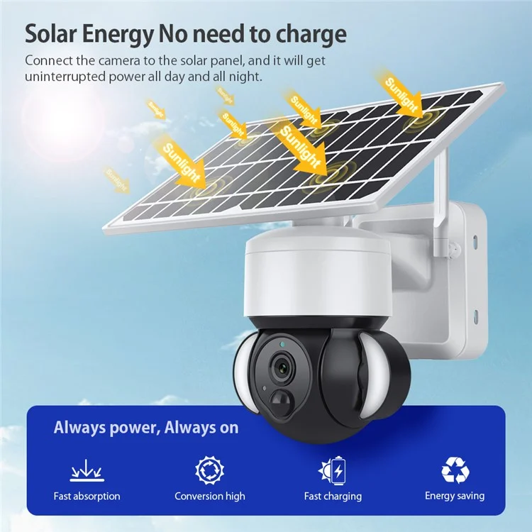 S518 Solar Battery Powered Floodlight PTZ Camera Outdoor Low Power 3MP WiFi Camera, Black Light Full-Color