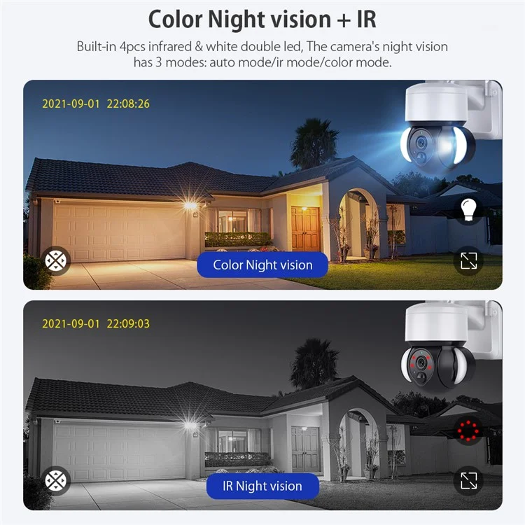 S518 Solar Battery Powered Floodlight PTZ Camera Outdoor Low Power 3MP WiFi Camera, Black Light Full-Color