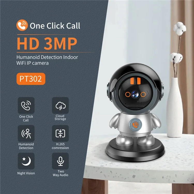 ESCAM PT302 3MP 1296P One Click Call Robotman H.265 WiFi IP Camera Home Security CCTV - EU Plug