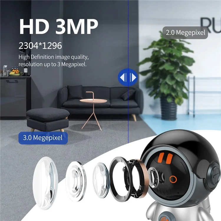 ESCAM PT302 3MP 1296P One Click Call Robotman H.265 WiFi IP Camera Home Security CCTV - EU Plug