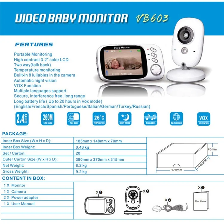 3.2 inch TFT LCD Screen Wireless Baby Care Monitor Camera Indoor Home Two Way Audio HD Camera - US Plug
