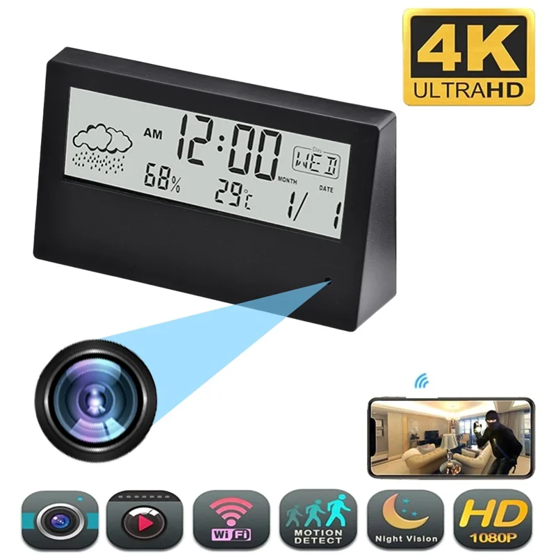 Alarm Clock HD 1080P Home Security WiFi Camera Support Mobile Phone Remote Viewing (Built-in 64GB Memory Card)