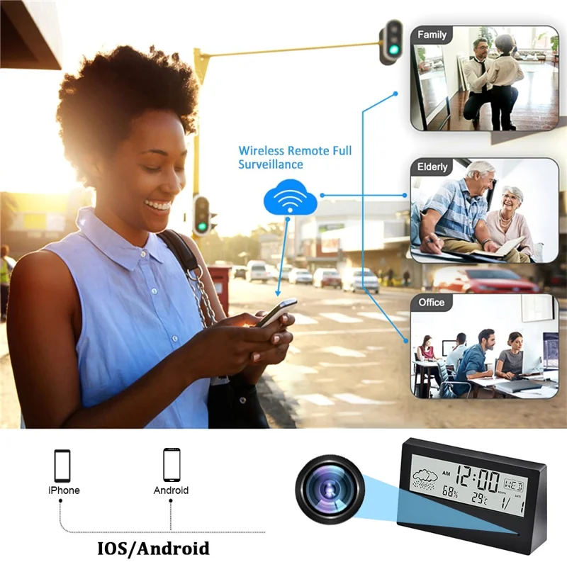 Alarm Clock HD 1080P Home Security WiFi Camera Support Mobile Phone Remote Viewing (Built-in 64GB Memory Card)