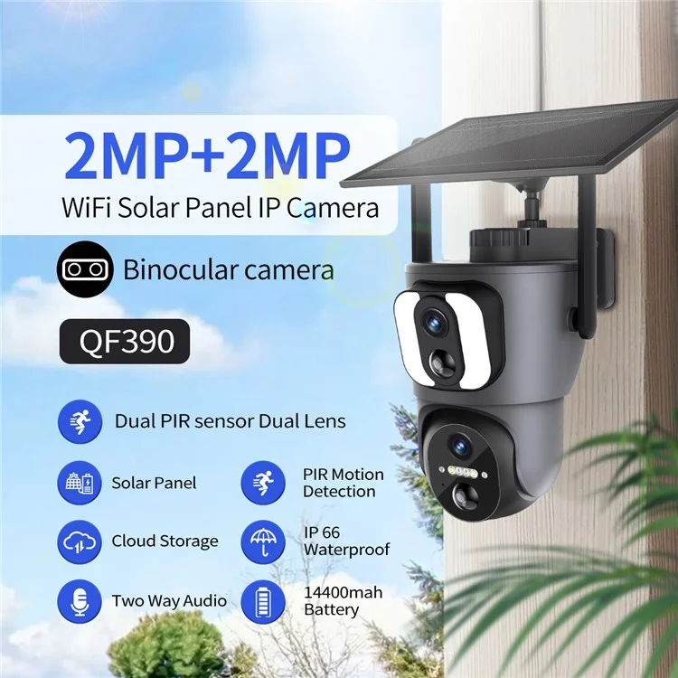 ESCAM QF390 2MP+2MP Dual Lens IP66 PIR Sensor WiFi Painel Solar Câmera IP