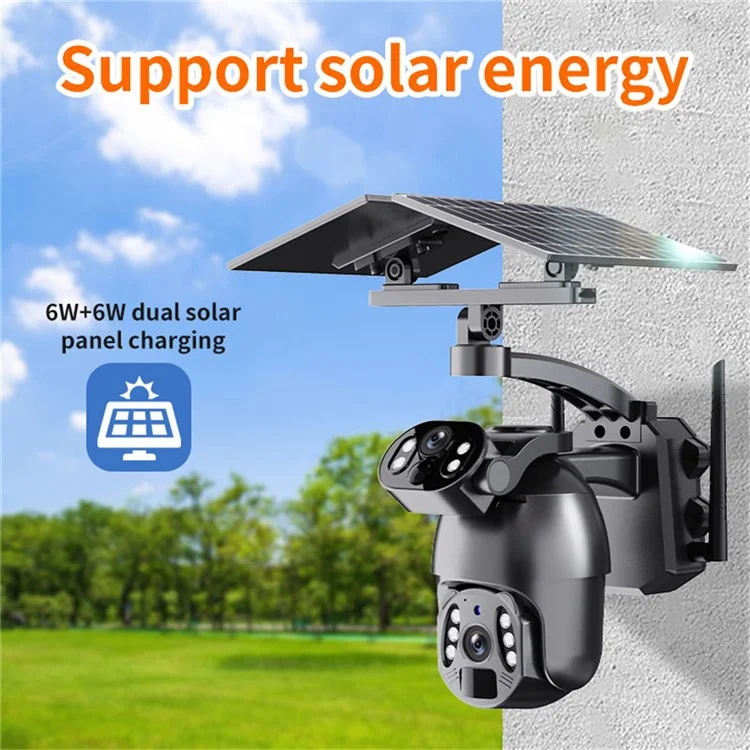 Q6 Max 4G US Dual-Lens 6MP HD Camera Solar-Powered Full-Color Night Vision Camera - Black