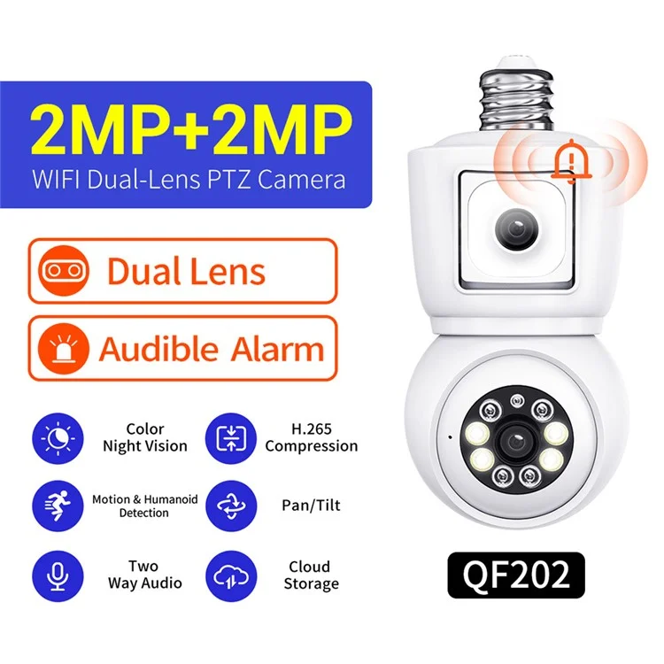 ESCAM QF202 E27 2x2MP Dual Lens Dual Screen Security Camera Two-Way Voice Motion Detection WiFi Camera