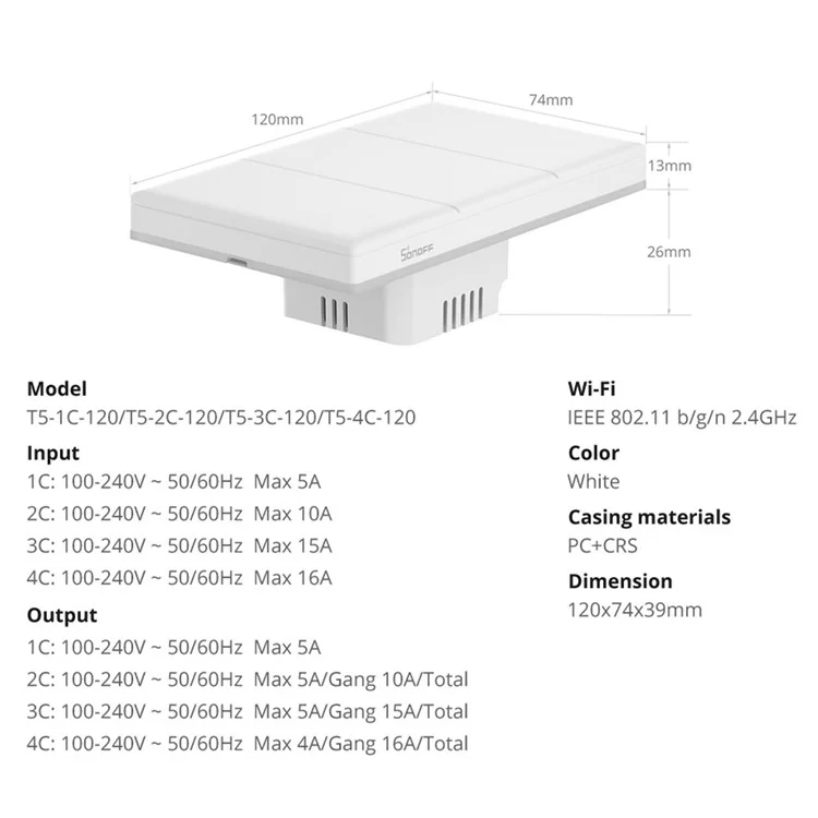 Sonoff TX Ultimate Smart Touch Wall Switch Com WiFi e Ewelink-remote Compatibilidade - Plugue Nos Eua / T5-1C-120