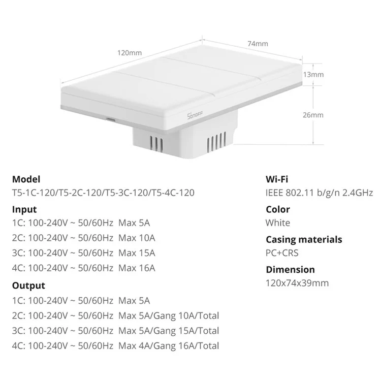 SONOFF TX Ultimate WiFi / eWeLink-Remote Smart Touch Wall Switch with RGB Light - US Plug / T5-4C-120