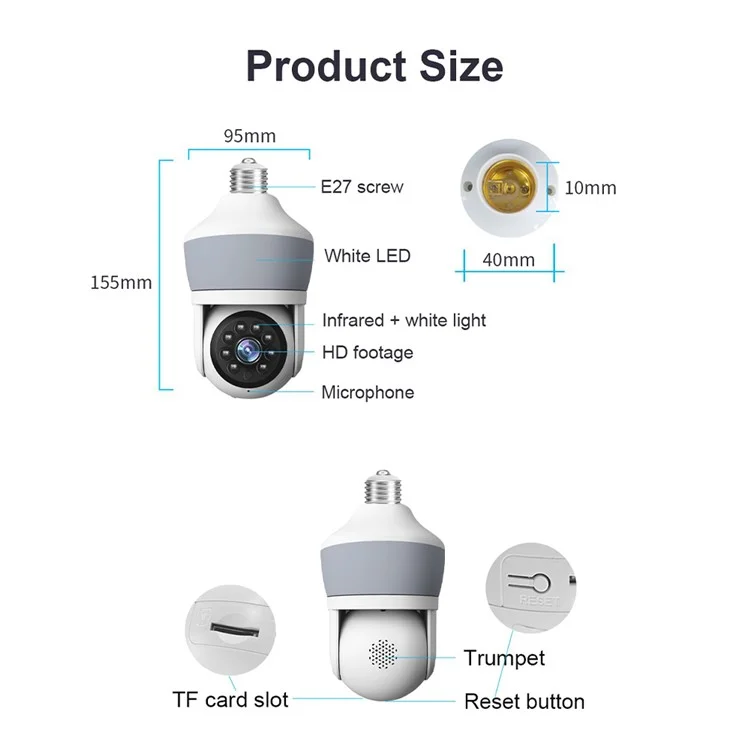 Ampoule Caméra WiFi Bluetooth D211EM 3MP Forme de Ampoule Détection de Mouvement Voix Bidirectionnelle Vision Nocturne