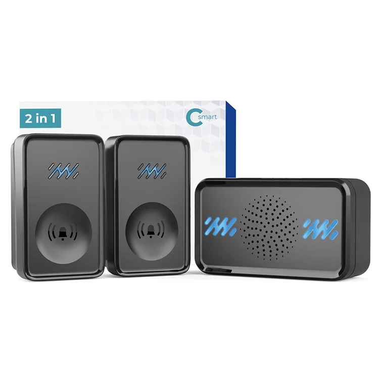 Smart Wireless Waterproof Doorbell 4-Gear Volume Home Door Bell, 1 Receiver + 2 Buttons (CE is applying) - Black
