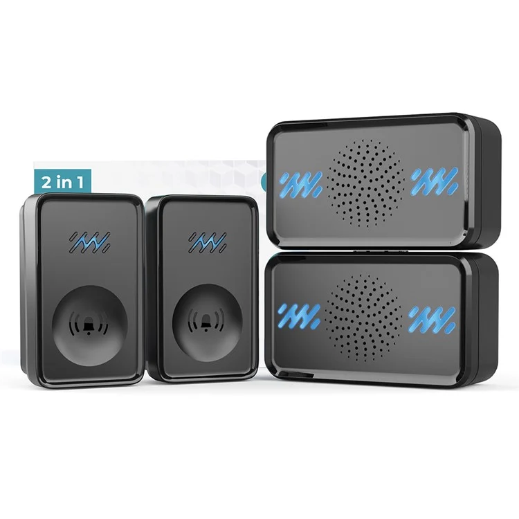Smart Wireless Doorbell 4-Gear Volume Waterproof Home Door Bell, 2 Receiver + 2 Buttons (CE is applying) - Black