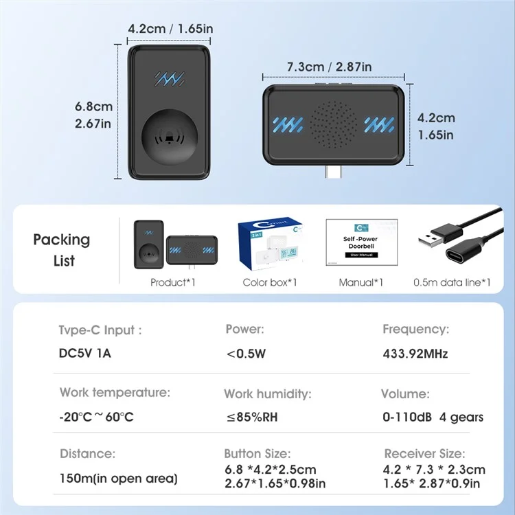 Smart Wireless Doorbell 4-Gear Volume Waterproof Home Door Bell, 2 Receiver + 2 Buttons (CE is applying) - Black