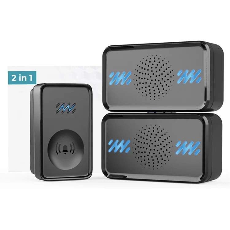 Smart Self-powered Wireless Doorbell 4-Gear Volume Waterproof Door Bell, 2 Receiver + 1 Button (CE is applying) - Black
