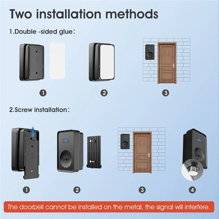 Smart Wireless Waterproof Doorbell Self-powered 4-Gear Volume Home Door Bell, 1 Receiver + 1 Button (CE is applying) - Black