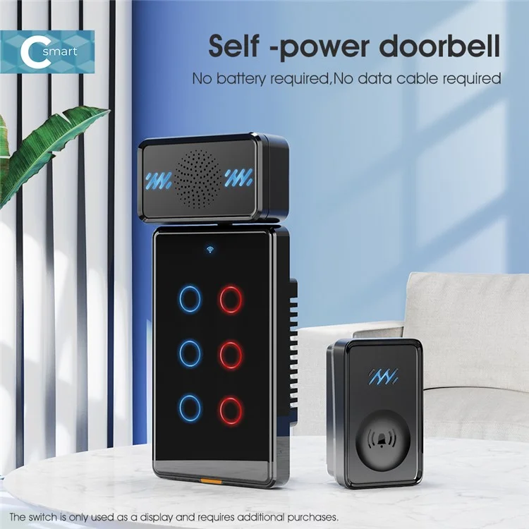 Smart Wireless Waterproof Doorbell Self-powered 4-Gear Volume Home Door Bell, 1 Receiver + 1 Button (CE is applying) - Black